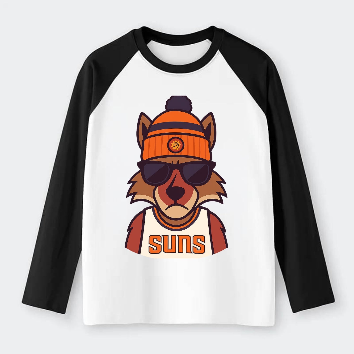 Arizona Coyote wearing Suns beanie with desert sun patch and wayfarer - Raglan Long Sleeve T-Shirt - Black