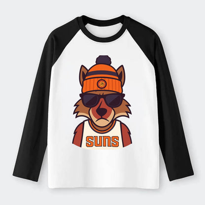 Arizona Coyote wearing Suns beanie with desert sun patch and wayfarer - Raglan Long Sleeve T-Shirt - Black