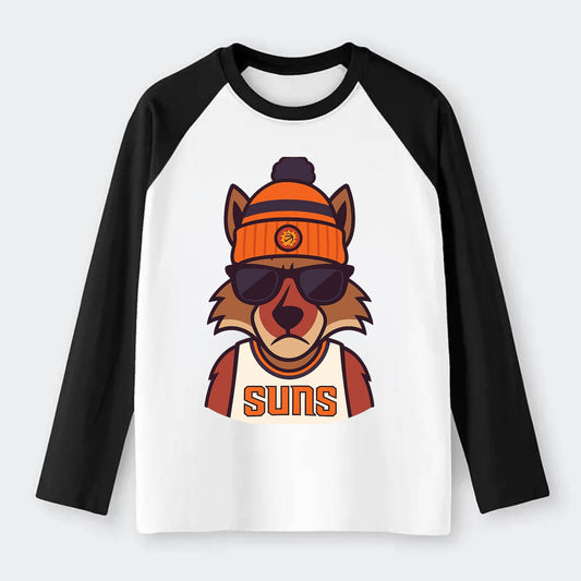 Arizona Coyote wearing Suns beanie with desert sun patch and wayfarer - Raglan Long Sleeve T-Shirt - Black