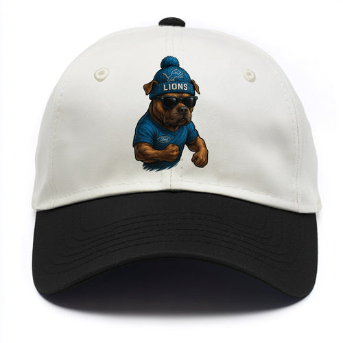 Detroit Pitbull wearing Lions beanie with auto patch and wayfarer sunglasses - Two Tone Cap