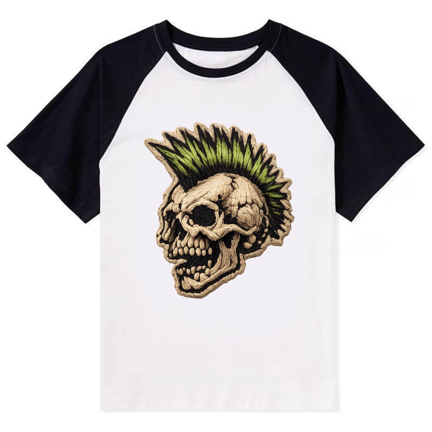 MOHAWK SKULL - punk skull with mohawk in neon green and black , punk rock - Contrast Raglan T-shirt - Black