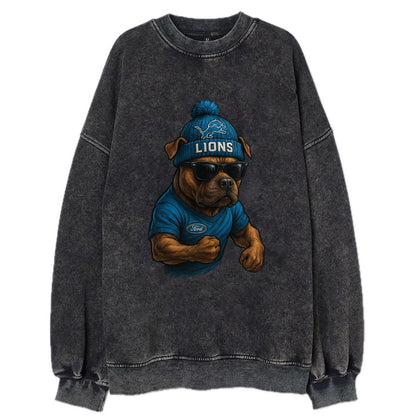Detroit Pitbull wearing Lions beanie with auto patch and wayfarer sunglasses - Vintage Sweatshirt - Black