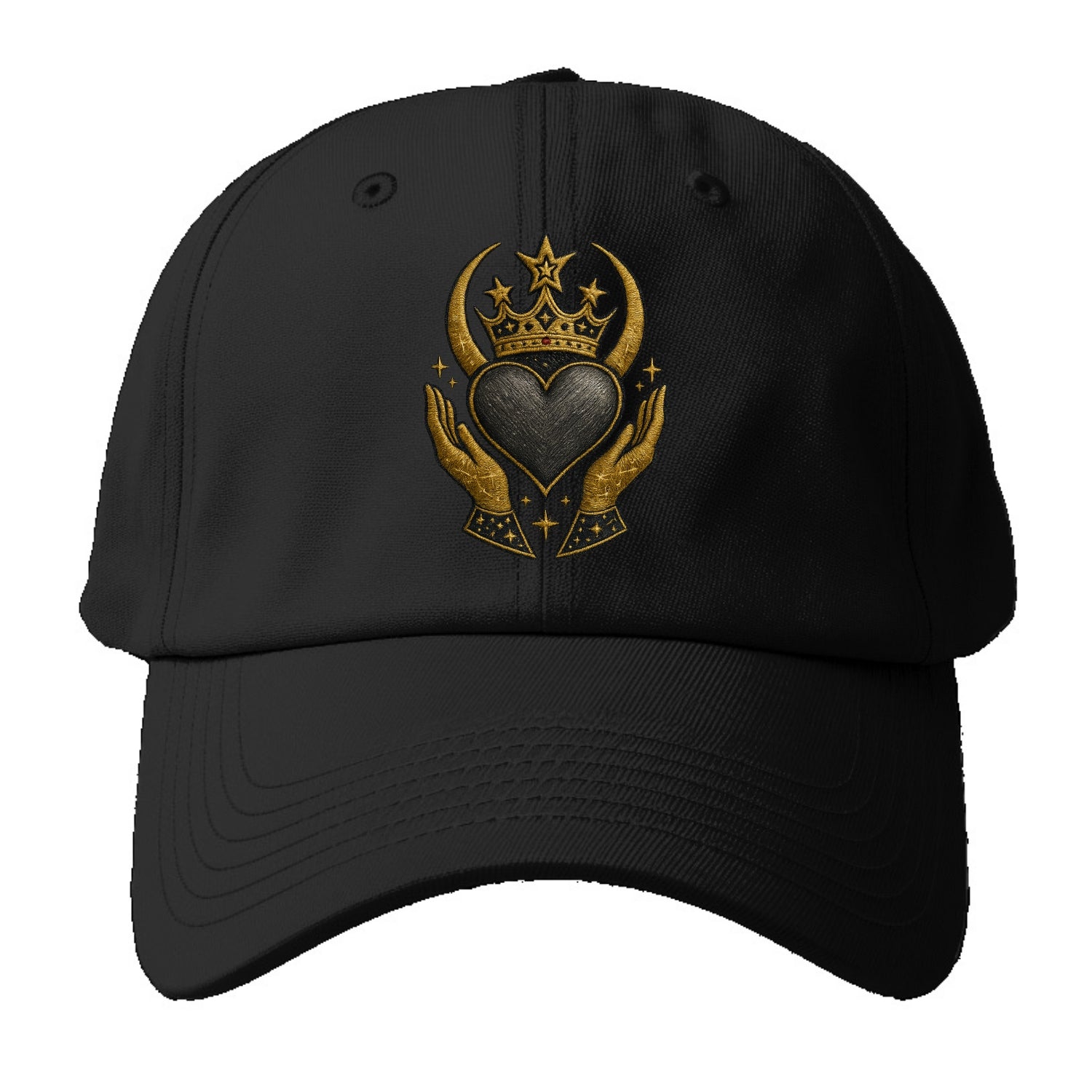 Celtic knot crown with woven strands merging into copper hands shielding a pewter - Baseball Cap - Black