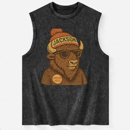 Jackson Hole Bison wearing Jackson beanie with pom pom and wayfarer sunglasses - Vintage Washed Tank - Black