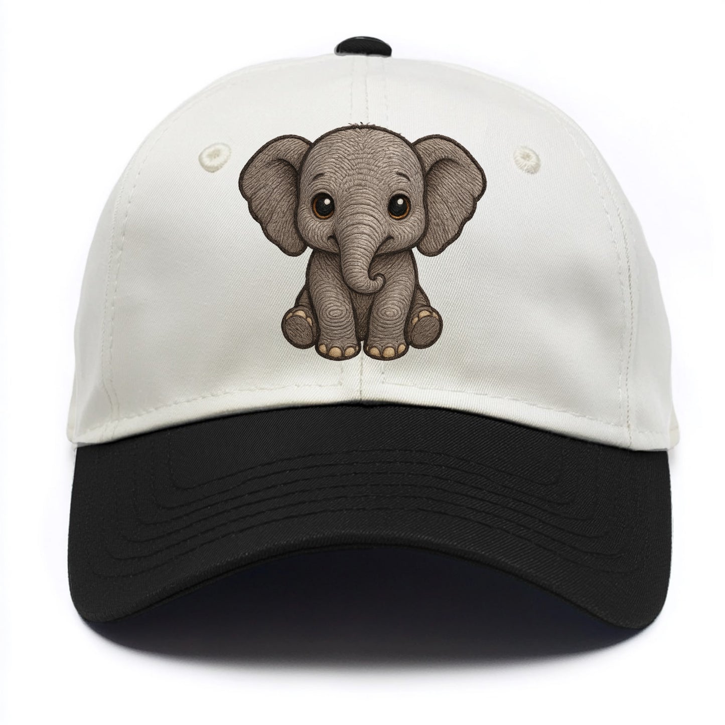 Baby Elephant - gray wrinkly, tiny trunk, large floppy ears, kind dark eyes, - Two Tone Cap - Black