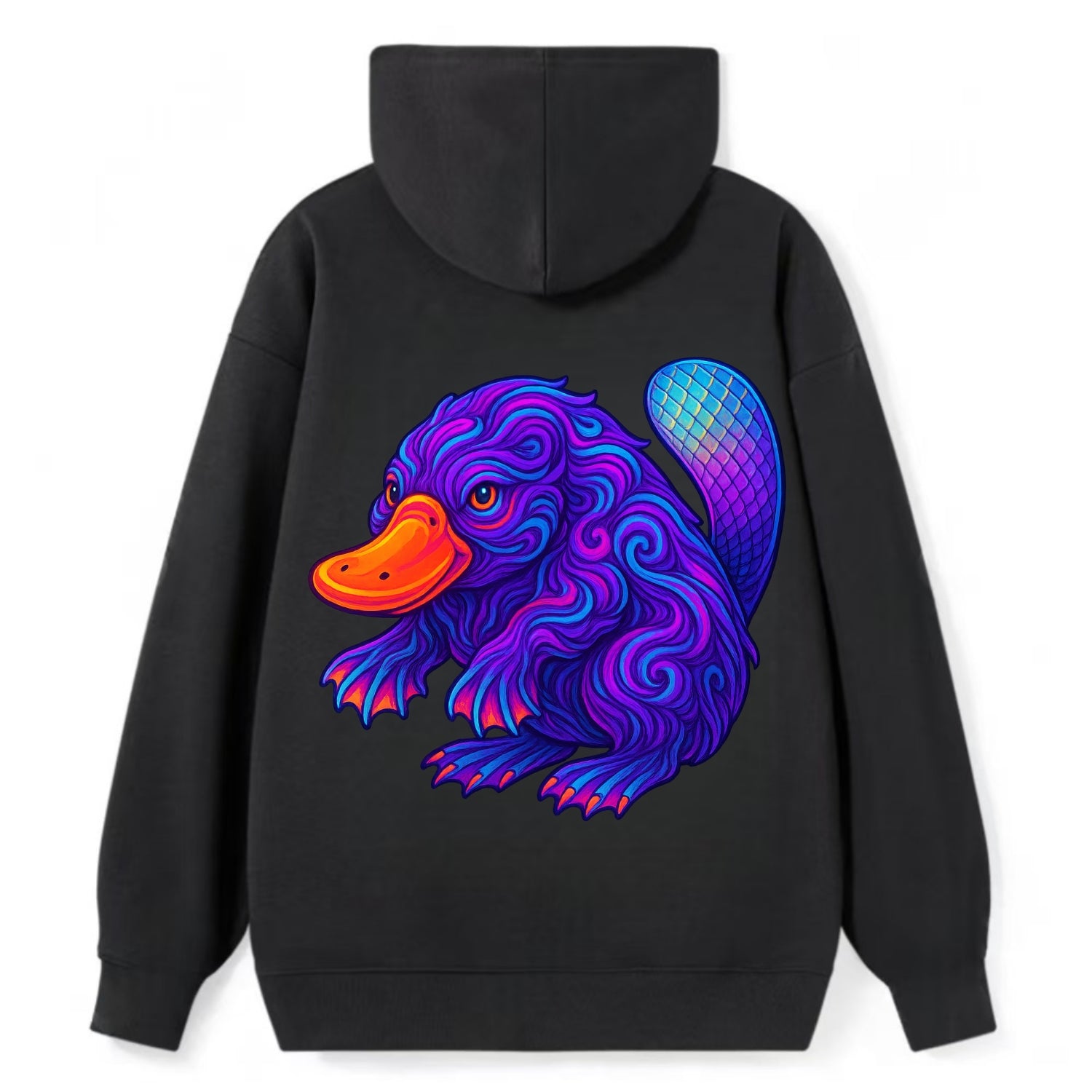 Quirky platypus with bill glowing in neon orange, beaver tail with - Classic Pullover Hoodie - Black