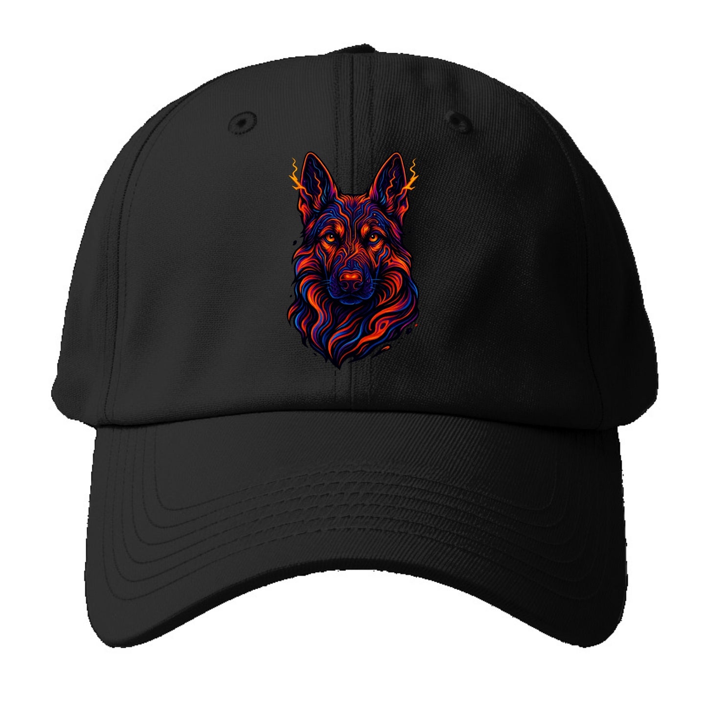 Alert German Shepherd with cyber circuit patterns in the fur, neon orange and black - Baseball Cap - Black