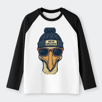 New Orleans Pelican wearing New Orleans beanie with pom pom and - Raglan Long Sleeve T-Shirt - Black