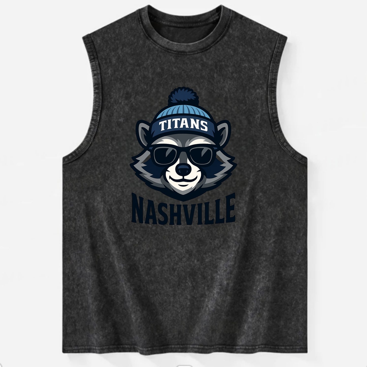 Nashville Raccoon wearing Titans navy and light blue beanie with pom pom and - Vintage Washed Tank - Black