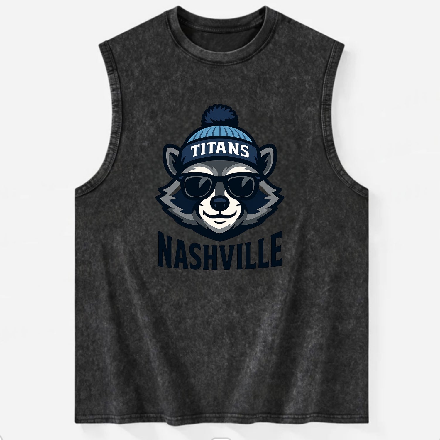 Nashville Raccoon wearing Titans navy and light blue beanie with pom pom and - Vintage Washed Tank - Black