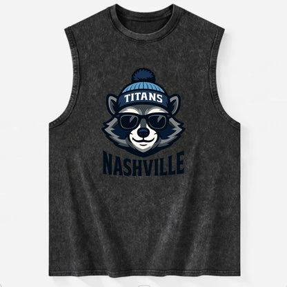Nashville Raccoon wearing Titans navy and light blue beanie with pom pom and - Vintage Washed Tank - Black
