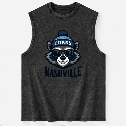 Nashville Raccoon wearing Titans navy and light blue beanie with pom pom and - Vintage Washed Tank - Black