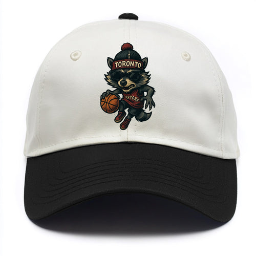 Toronto Raccoon wearing Raptors beanie with CN Tower patch and wayfarer sunglasses - Two Tone Cap