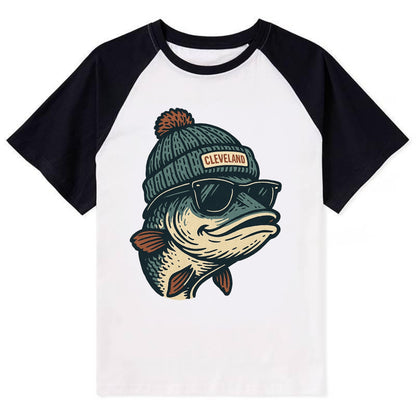 Cleveland Lake Erie Walleye wearing Cleveland beanie with pom pom and - Contrast Raglan T-shirt - Black