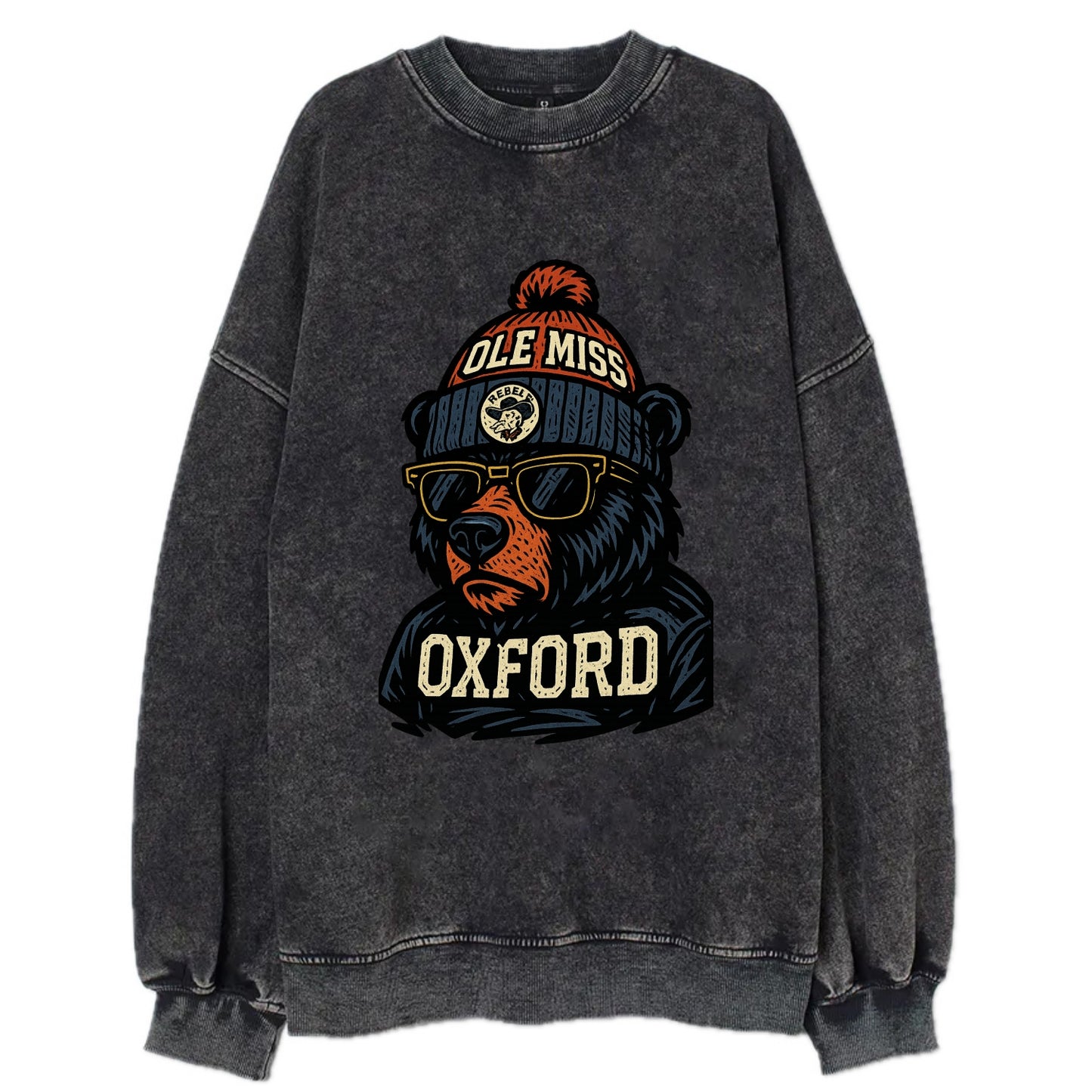 Oxford Black Bear wearing Ole Miss beanie with rebel patch - Vintage Sweatshirt - Black