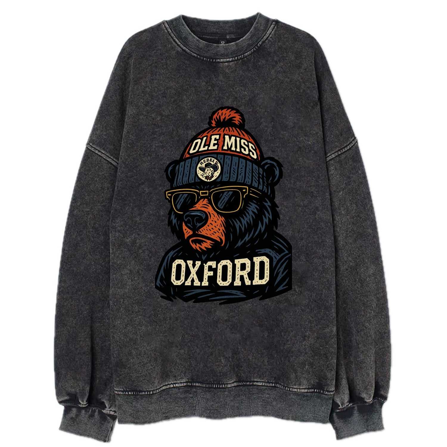Oxford Black Bear wearing Ole Miss beanie with rebel patch - Vintage Sweatshirt - Black