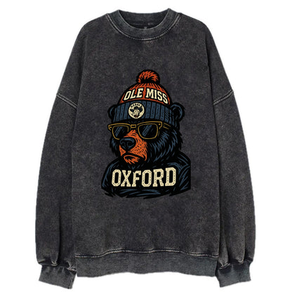 Oxford Black Bear wearing Ole Miss beanie with rebel patch - Vintage Sweatshirt - Black