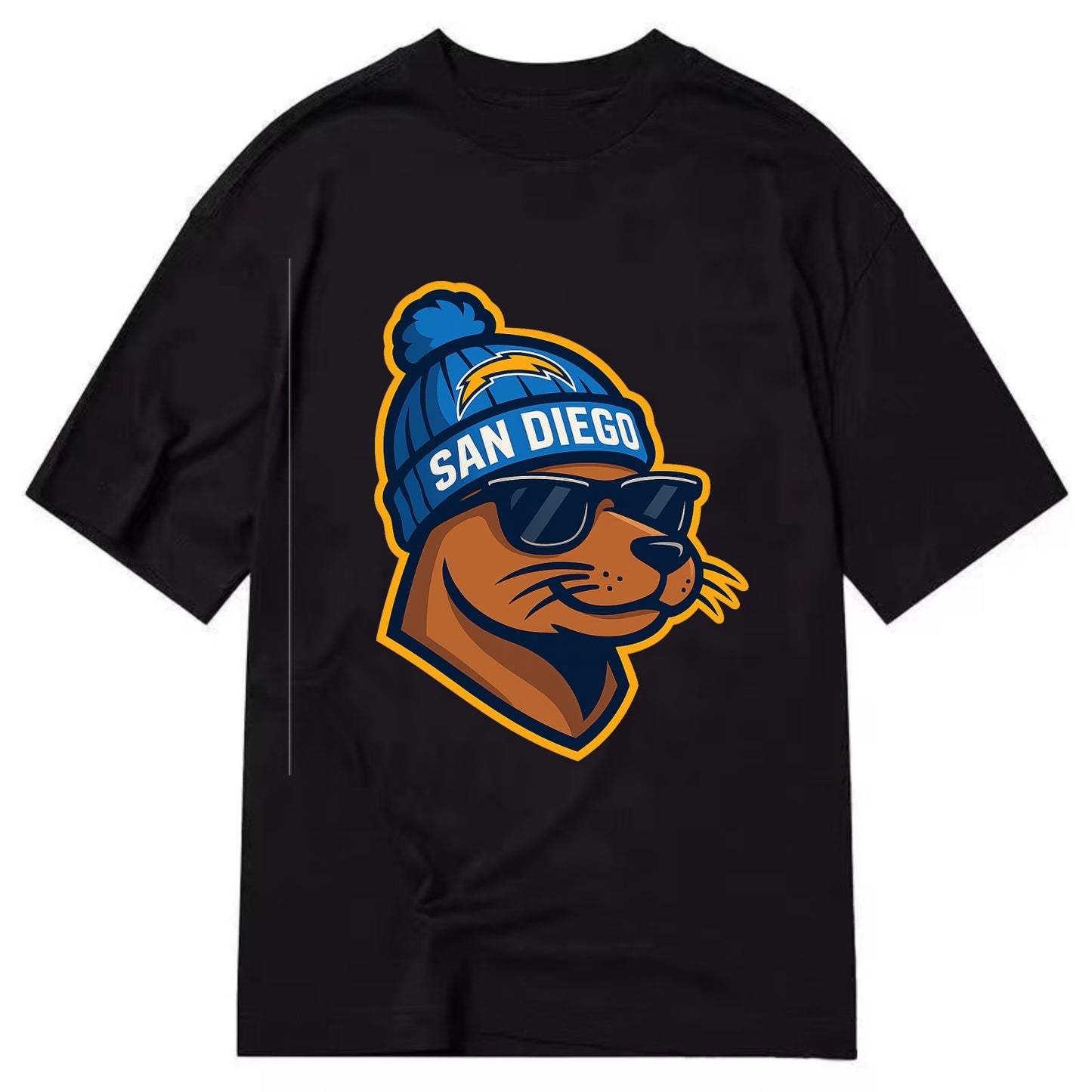 San Diego Sea Lion wearing Chargers beanie with bolt patch and wayfarer sunglasses - Classic T-shirt - Black