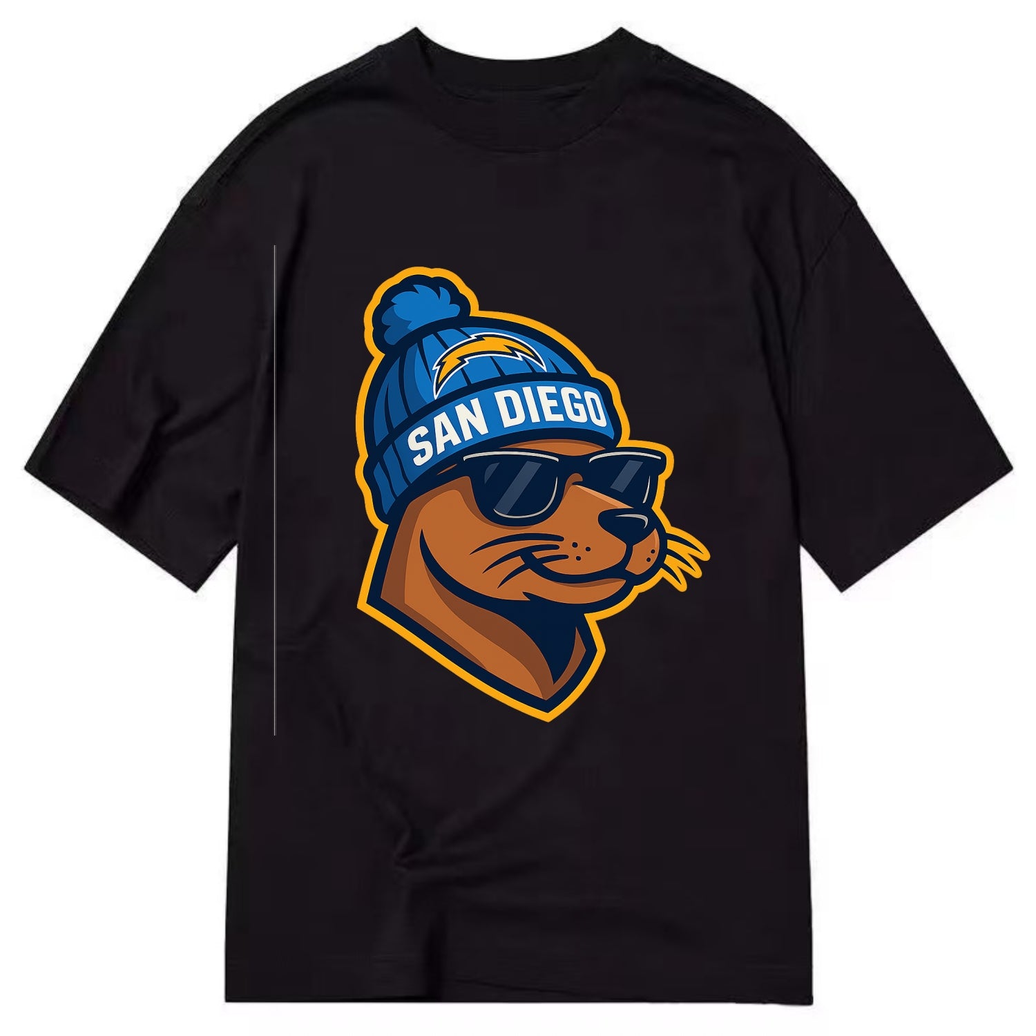 San Diego Sea Lion wearing Chargers beanie with bolt patch and wayfarer sunglasses - Classic T-shirt - Black