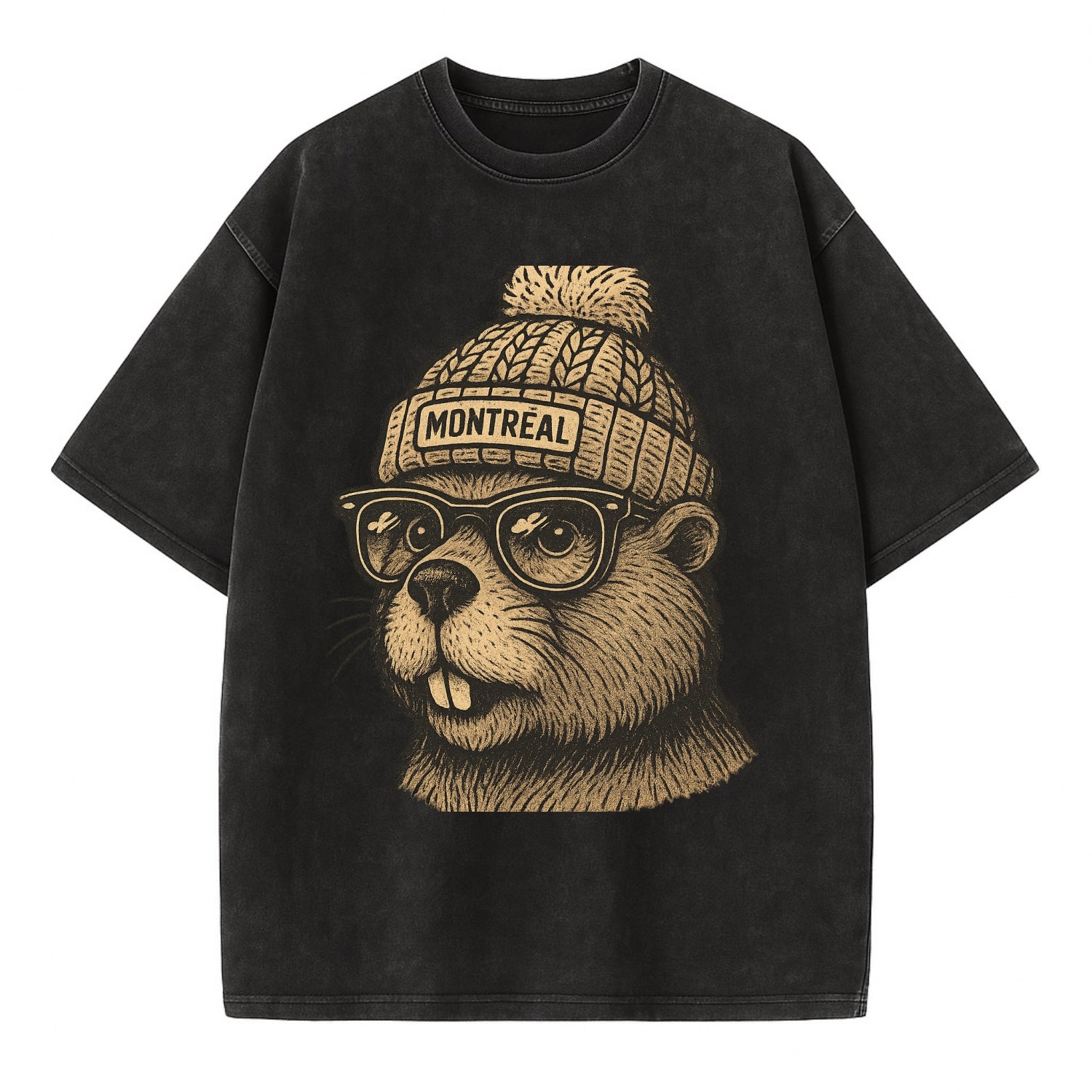 Montreal Beaver wearing Montreal beanie with pom pom and wayfarer sunglasses - Vintage T-shirt - Black