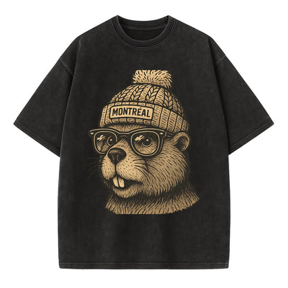 Montreal Beaver wearing Montreal beanie with pom pom and wayfarer sunglasses - Vintage T-shirt - Black