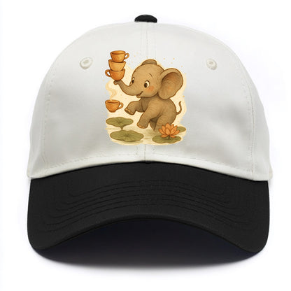 Elephant balancing teacups during a floating tea ceremony beside lotus ponds - Two Tone Cap - Black