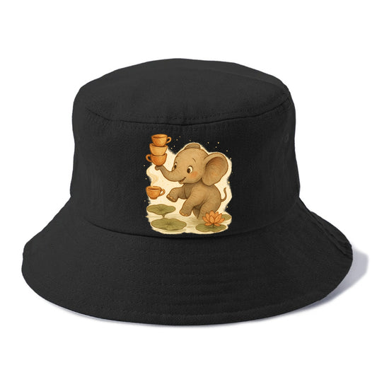 Elephant balancing teacups during a floating tea ceremony beside lotus ponds - Bucket Hat - Black