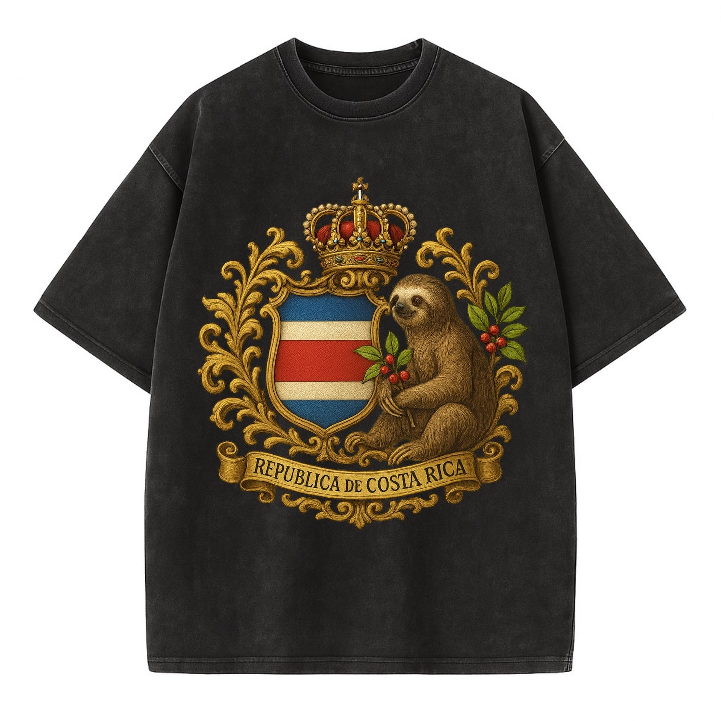 Costa Rica Sloth Emblem  - Vintage T-shirt - Black