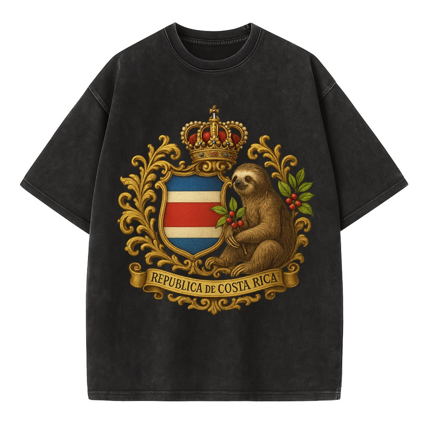 Costa Rica Sloth Emblem  - Vintage T-shirt - Black