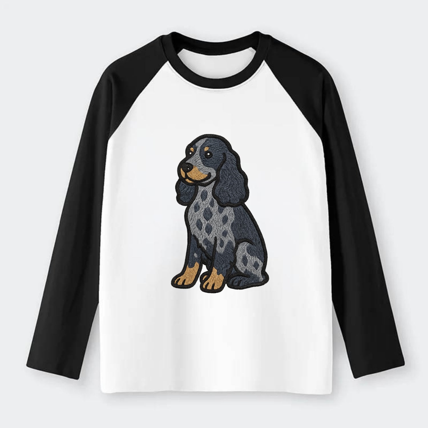 English Cocker Spaniel - Blue roan embroidered sitting pose - Raglan Long Sleeve T-Shirt - Black