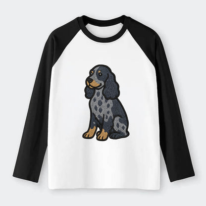 English Cocker Spaniel - Blue roan embroidered sitting pose - Raglan Long Sleeve T-Shirt - Black