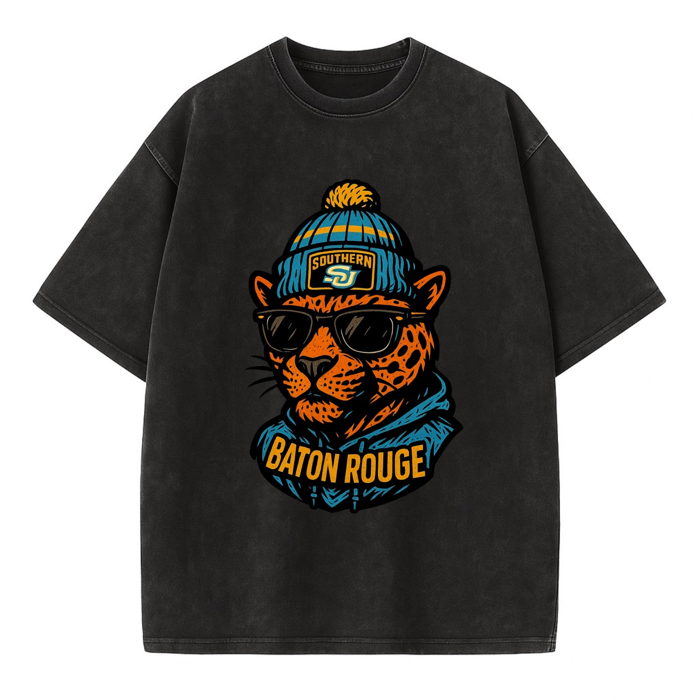 Baton Rouge Jaguar wearing Southern beanie with SU patch - Vintage T-shirt - Black