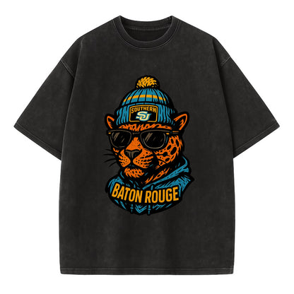 Baton Rouge Jaguar wearing Southern beanie with SU patch - Vintage T-shirt - Black