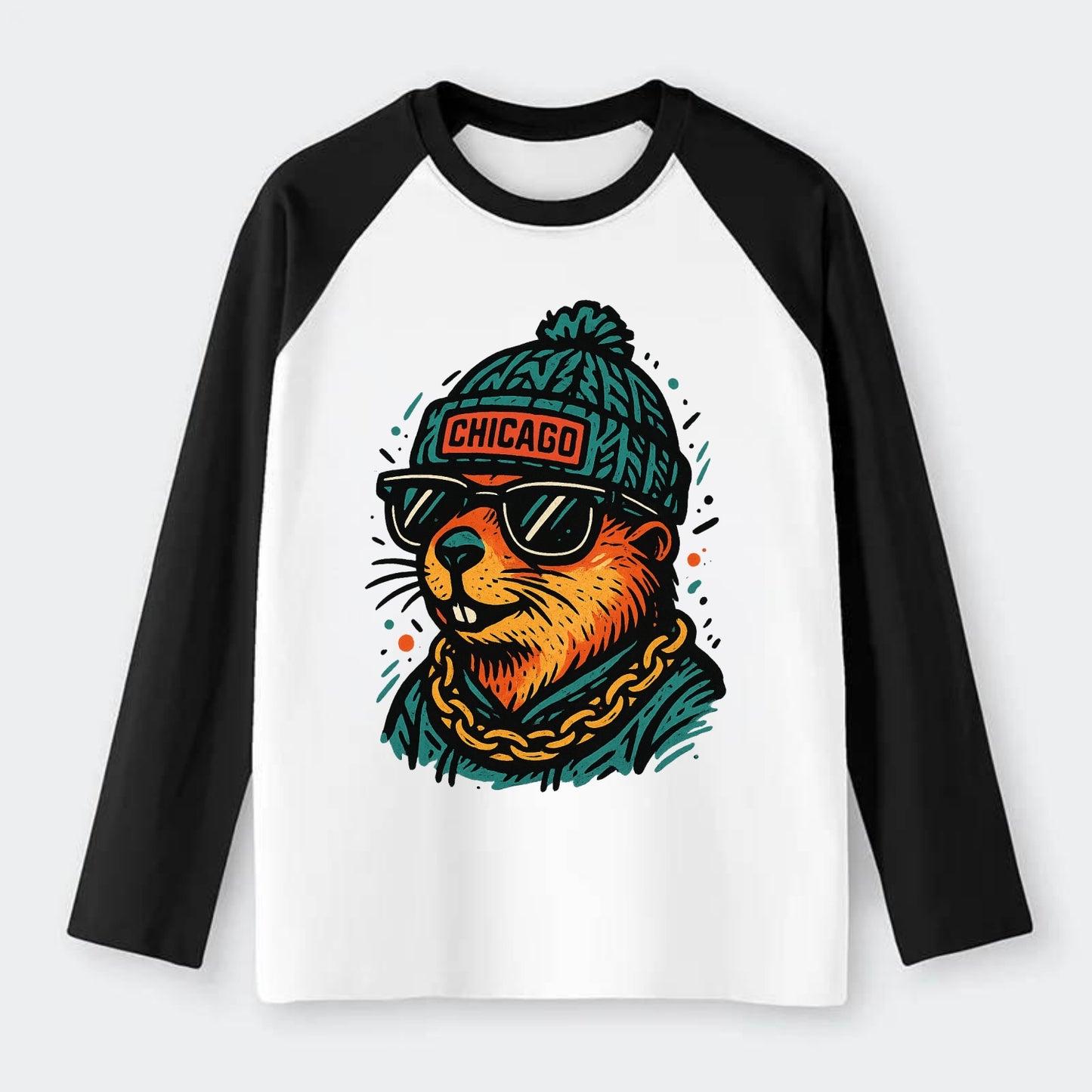 Illinois Prairie Dog wearing Chicago beanie with pom pom and wayfarer - Raglan Long Sleeve T-Shirt - Black