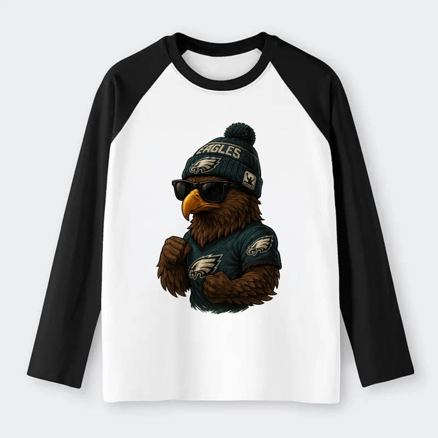 Philly Hawk wearing Eagles beanie with Rocky patch and wayfarer - Raglan Long Sleeve T-Shirt - Black