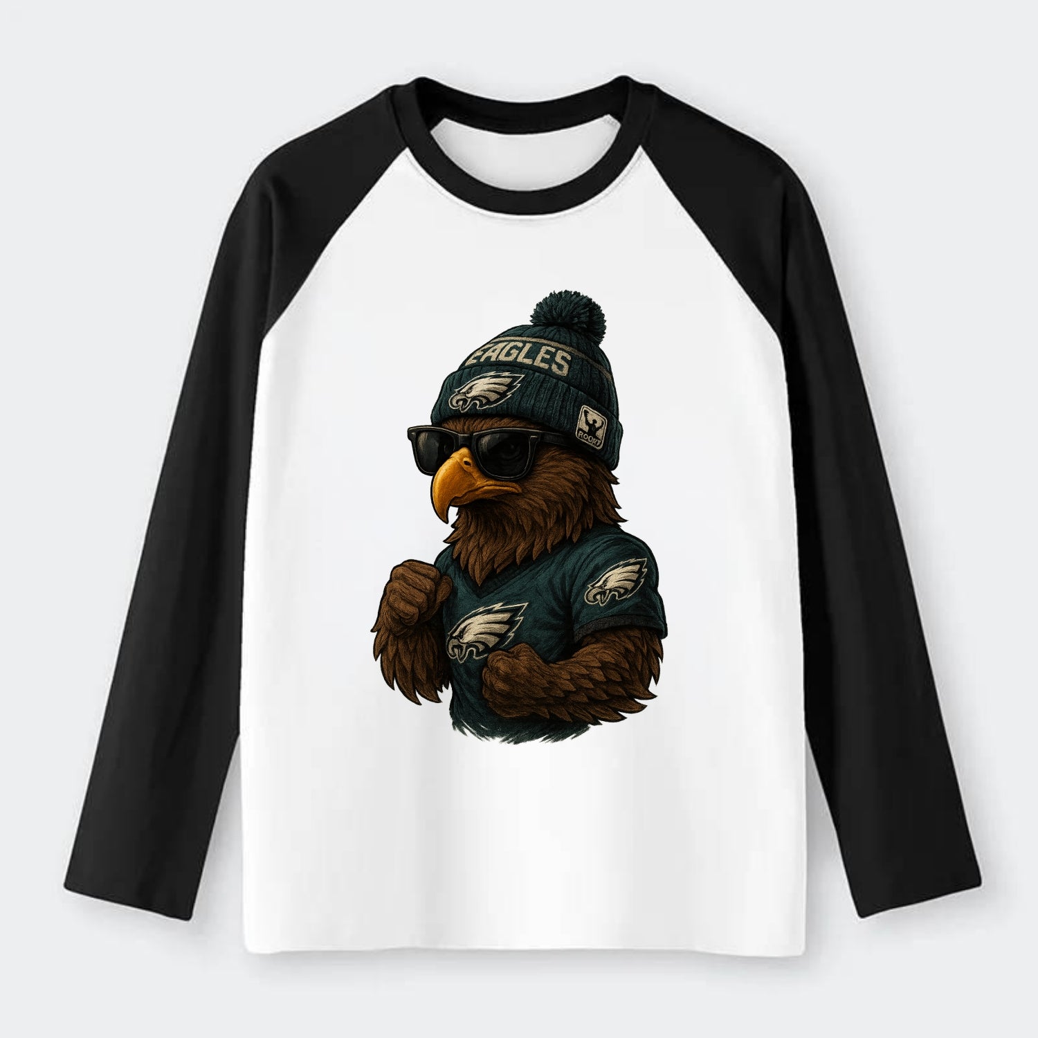 Philly Hawk wearing Eagles beanie with Rocky patch and wayfarer - Raglan Long Sleeve T-Shirt - Black