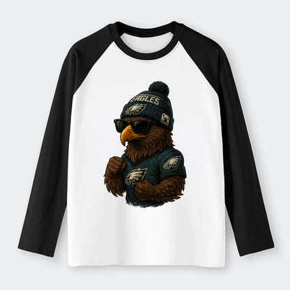 Philly Hawk wearing Eagles beanie with Rocky patch and wayfarer - Raglan Long Sleeve T-Shirt - Black