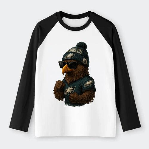 Philly Hawk wearing Eagles beanie with Rocky patch and wayfarer - Raglan Long Sleeve T-Shirt