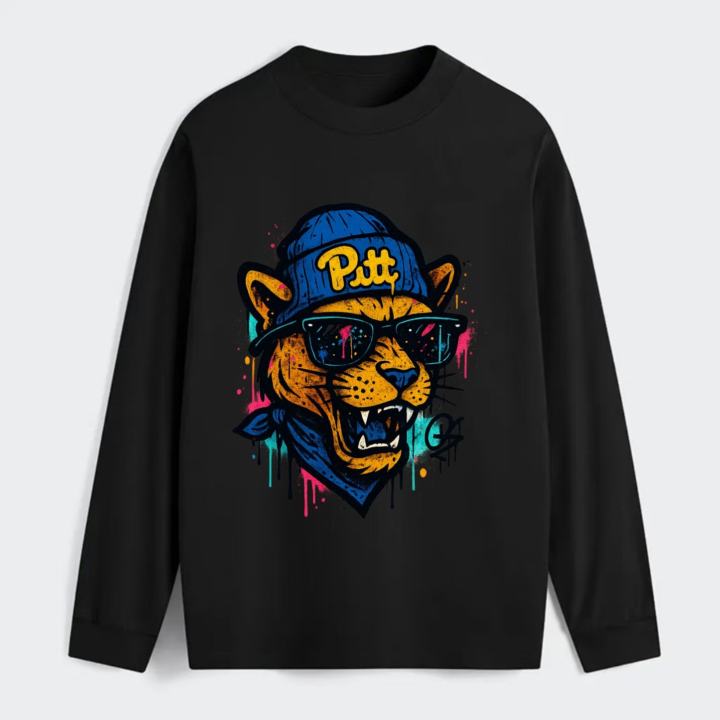 Pittsburgh Panther wearing Pitt beanie with script patch - Classic Long Sleeve Shirt - Black