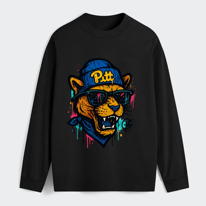Pittsburgh Panther wearing Pitt beanie with script patch - Classic Long Sleeve Shirt - Black