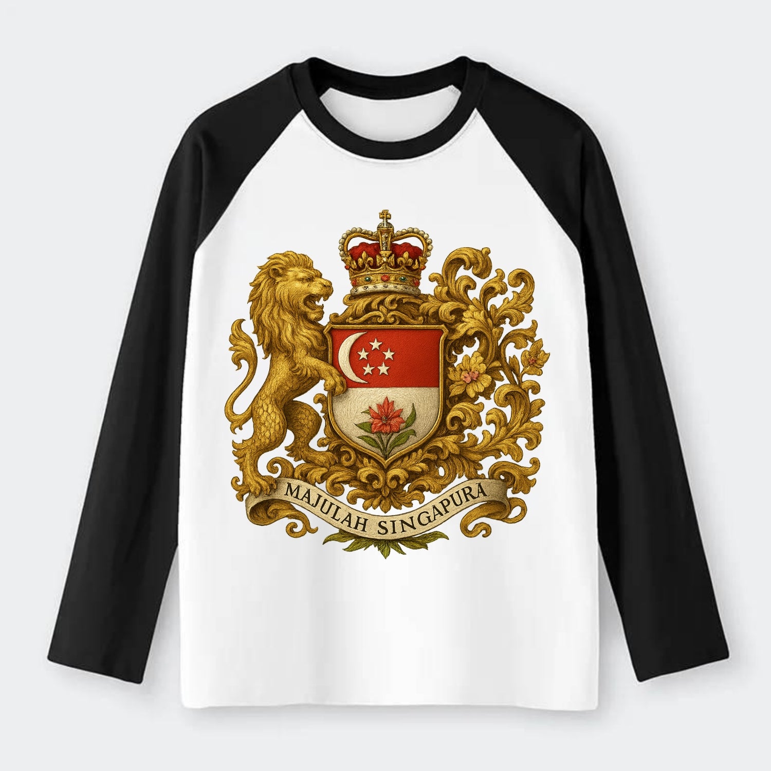 Singapore Merlion Emblem - Raglan Long Sleeve T-Shirt - Black