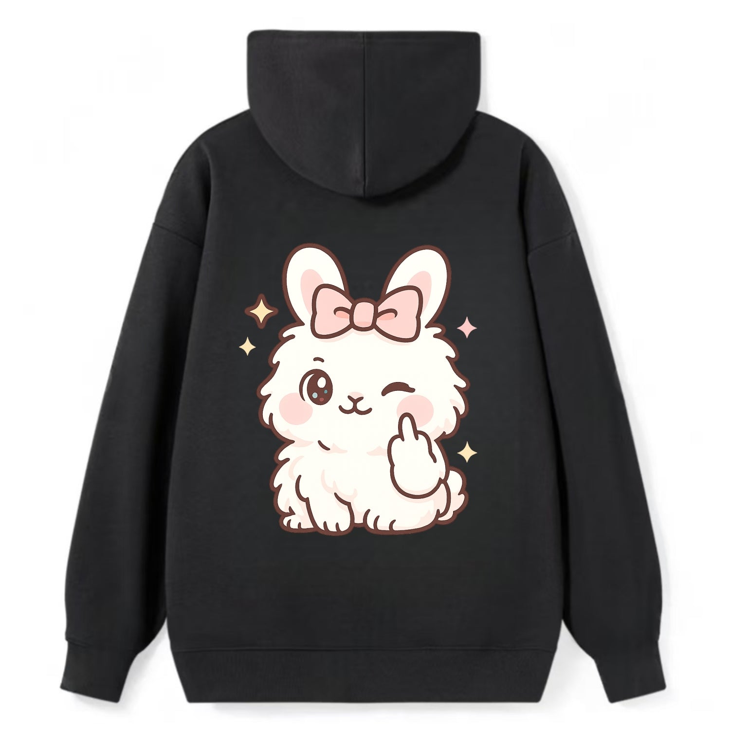 fluffy white angora rabbit with pink bow, one paw delicately flipping off - Classic Pullover Hoodie - Black