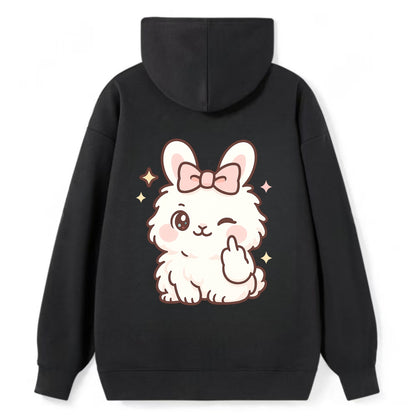 fluffy white angora rabbit with pink bow, one paw delicately flipping off - Classic Pullover Hoodie - Black