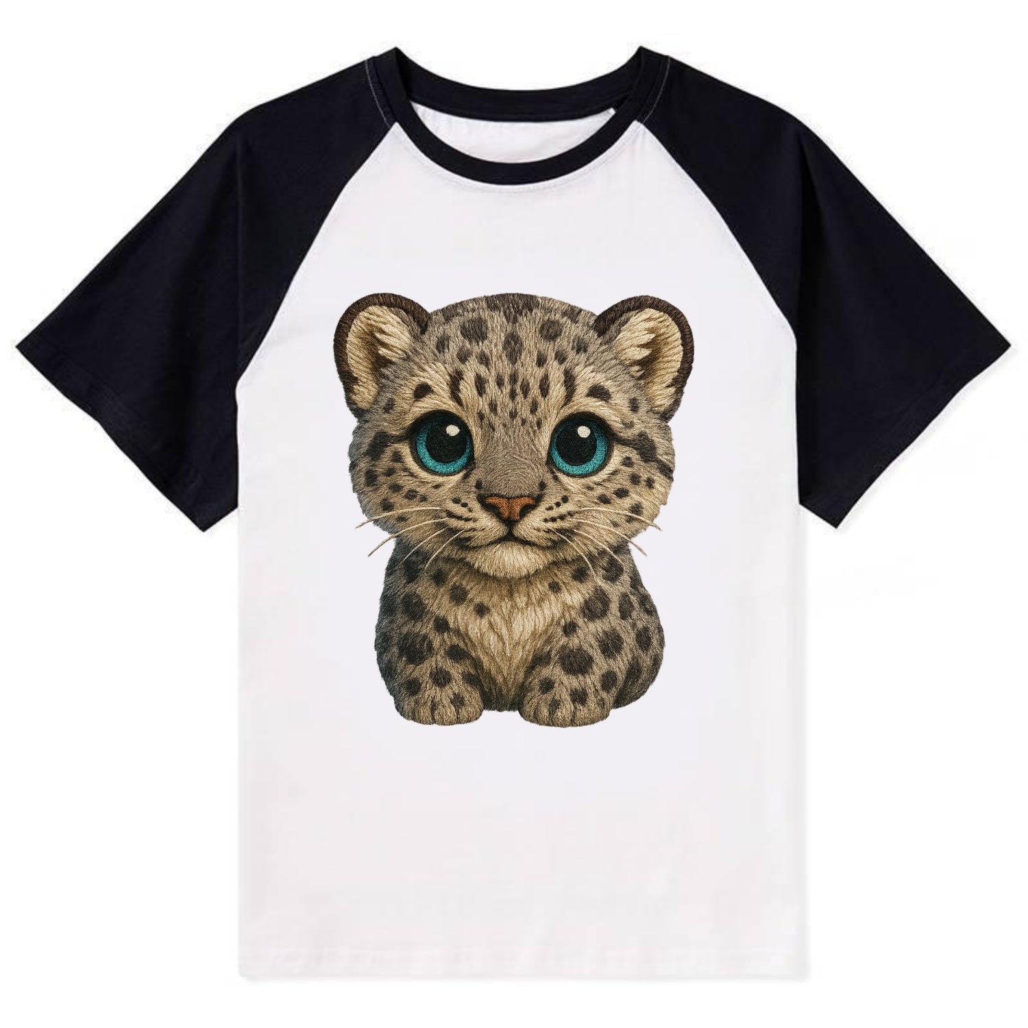 Baby Snow Leopard Cub - gray spotted, thick fur, blue-green eyes, - Contrast Raglan T-shirt - Black