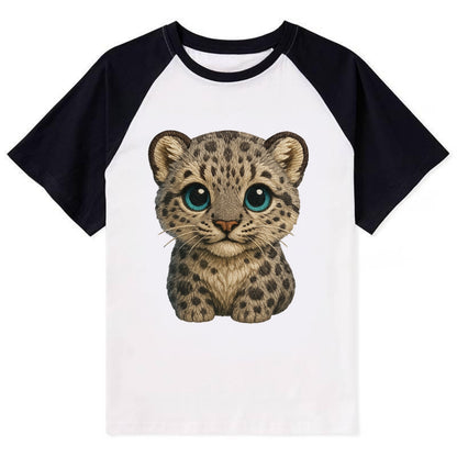 Baby Snow Leopard Cub - gray spotted, thick fur, blue-green eyes, - Contrast Raglan T-shirt - Black