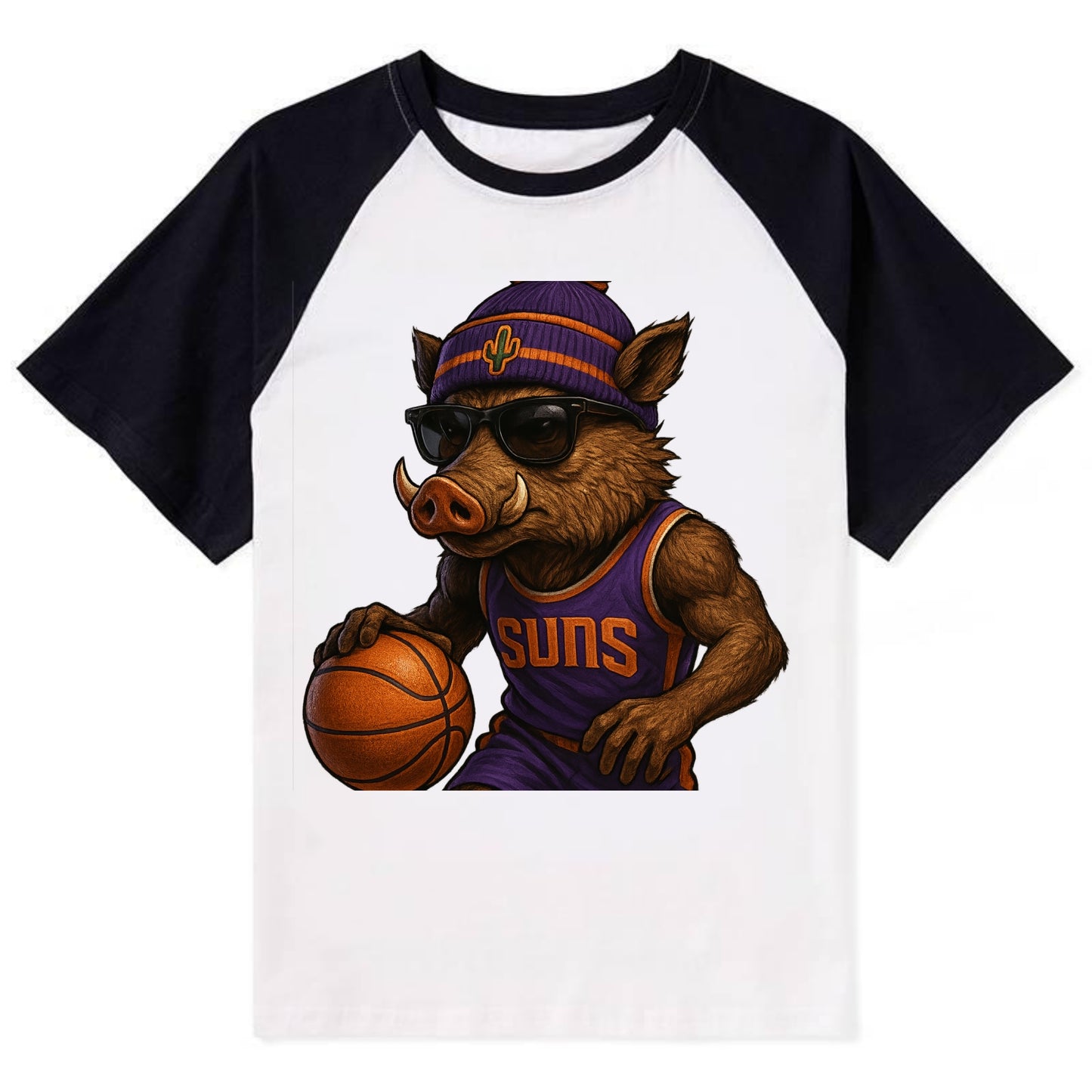Phoenix Javelina wearing Suns beanie with cactus patch and wayfarer - Contrast Raglan T-shirt - Black