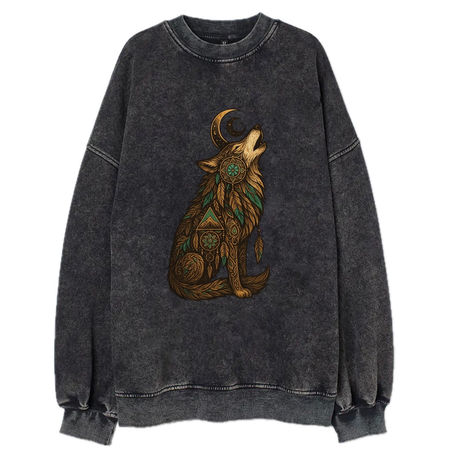 Celestial Moon Wolf  - Vintage Sweatshirt - Black