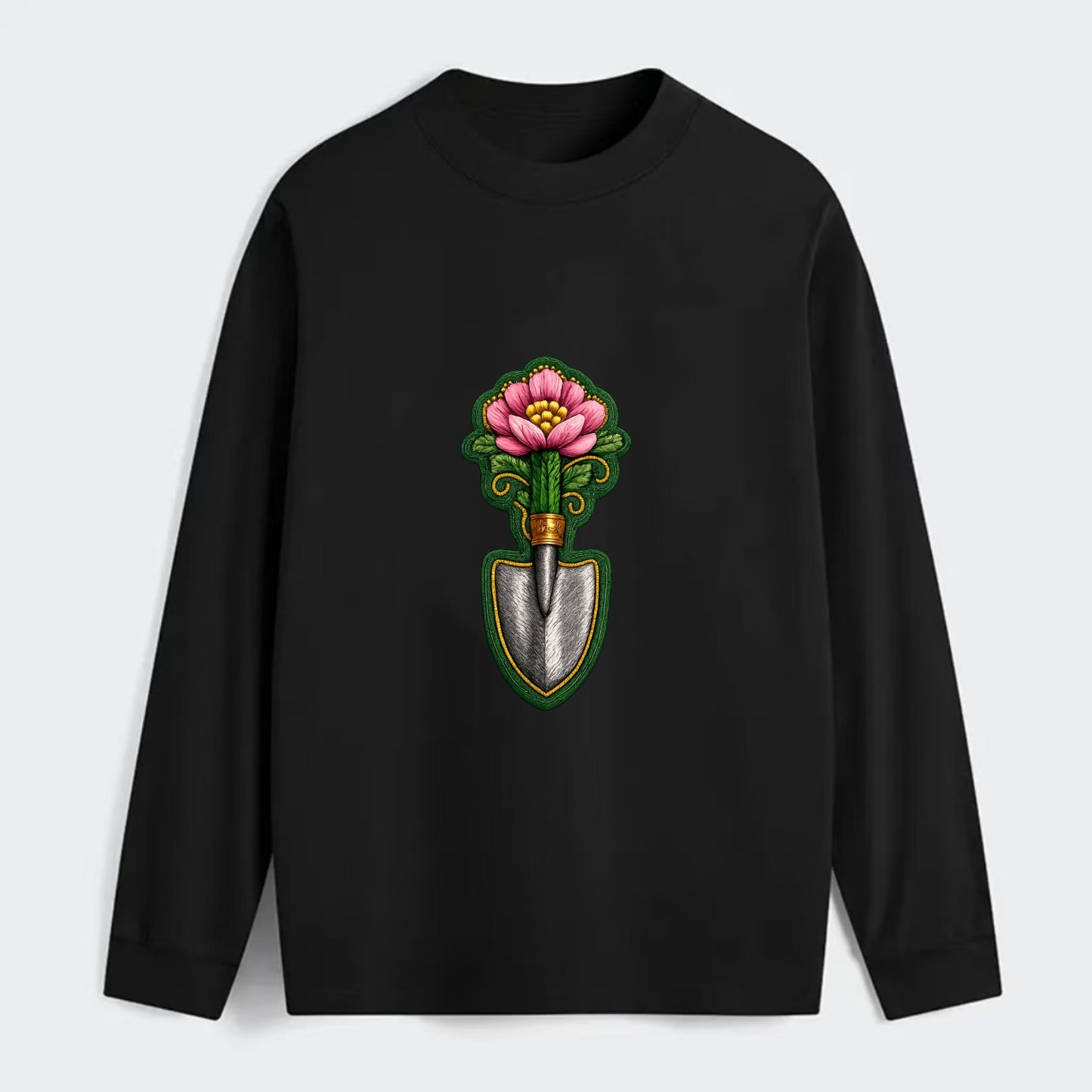 Embroidered patch design - GARDENING TROWEL FLOWER - garden tool with - Classic Long Sleeve Shirt - Black