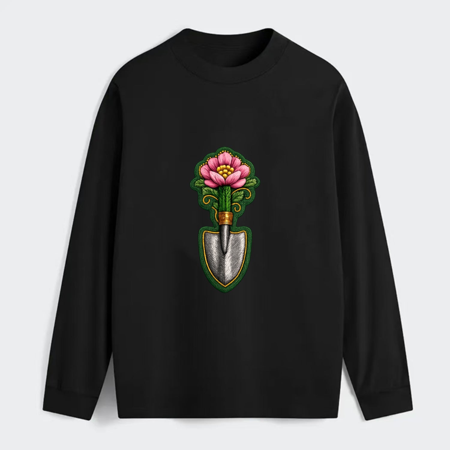 Embroidered patch design - GARDENING TROWEL FLOWER - garden tool with - Classic Long Sleeve Shirt - Black