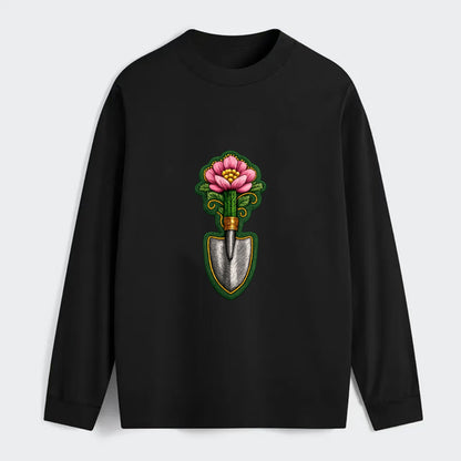 Embroidered patch design - GARDENING TROWEL FLOWER - garden tool with - Classic Long Sleeve Shirt - Black
